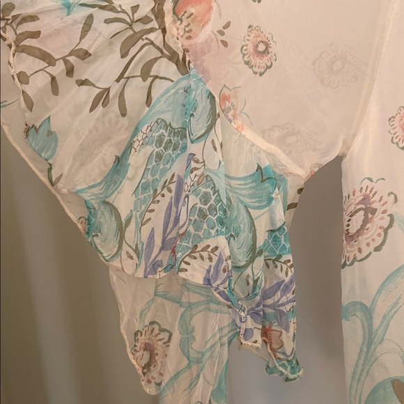 Sheer Floral Cream Blouse with Mint Accents - Picture 4 of 7
